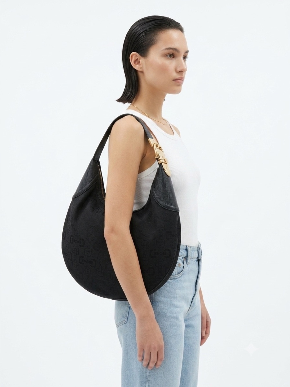 VIntage Gucci Y2K Black Horsebit Monogram Canvas Hobo Shoulder Bag - Large